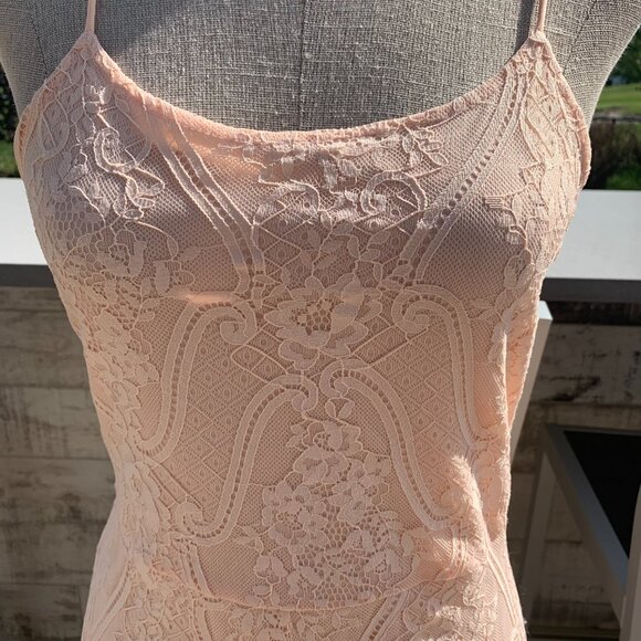 Vintage Hand Sewn Peach Sheer Lace Maxi Dress Long Gown - Picture 3 of 16